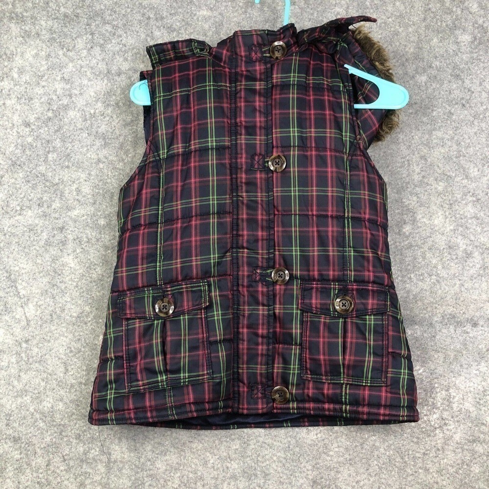 Gap Girls Puffer Plaid Sleeveless Hoodie with Faux Fur Jacket XXL